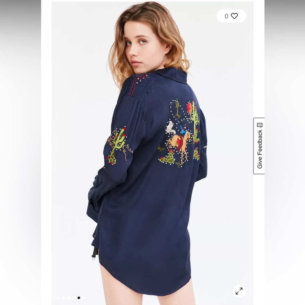BDG Cowgirl silky Navy Embroidered Navy Women's Top urban outfitters